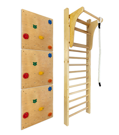 Drabinka gimnastyczna LEON 195x80 drewniana + drążek + ścianka wspinaczkowa