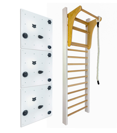 Drabinka gimnastyczna LEON 220x80 biała + drążek + ścianka wspinaczkowa