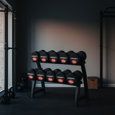 Zestaw hantli gumowanych 2 x 6-30 kg 5 par (182 kg) UNDERFIT + stojak