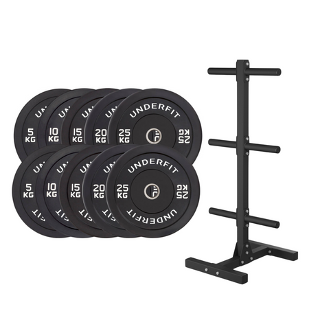Zestaw obciążeń BUMPER BLACK 150 kg + stojak UNDERFIT