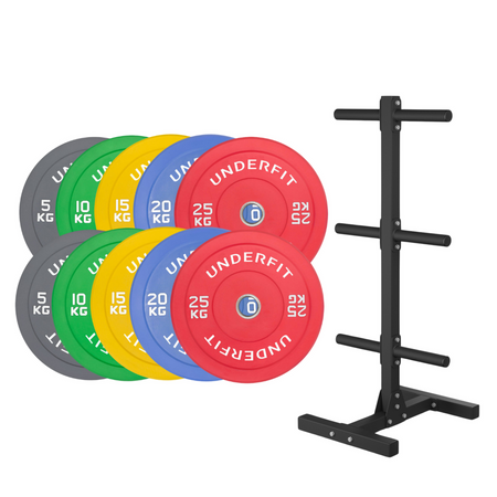 Zestaw obciążeń olimpijskich BUMPER COLOR 150 kg + stojak UNDERFIT